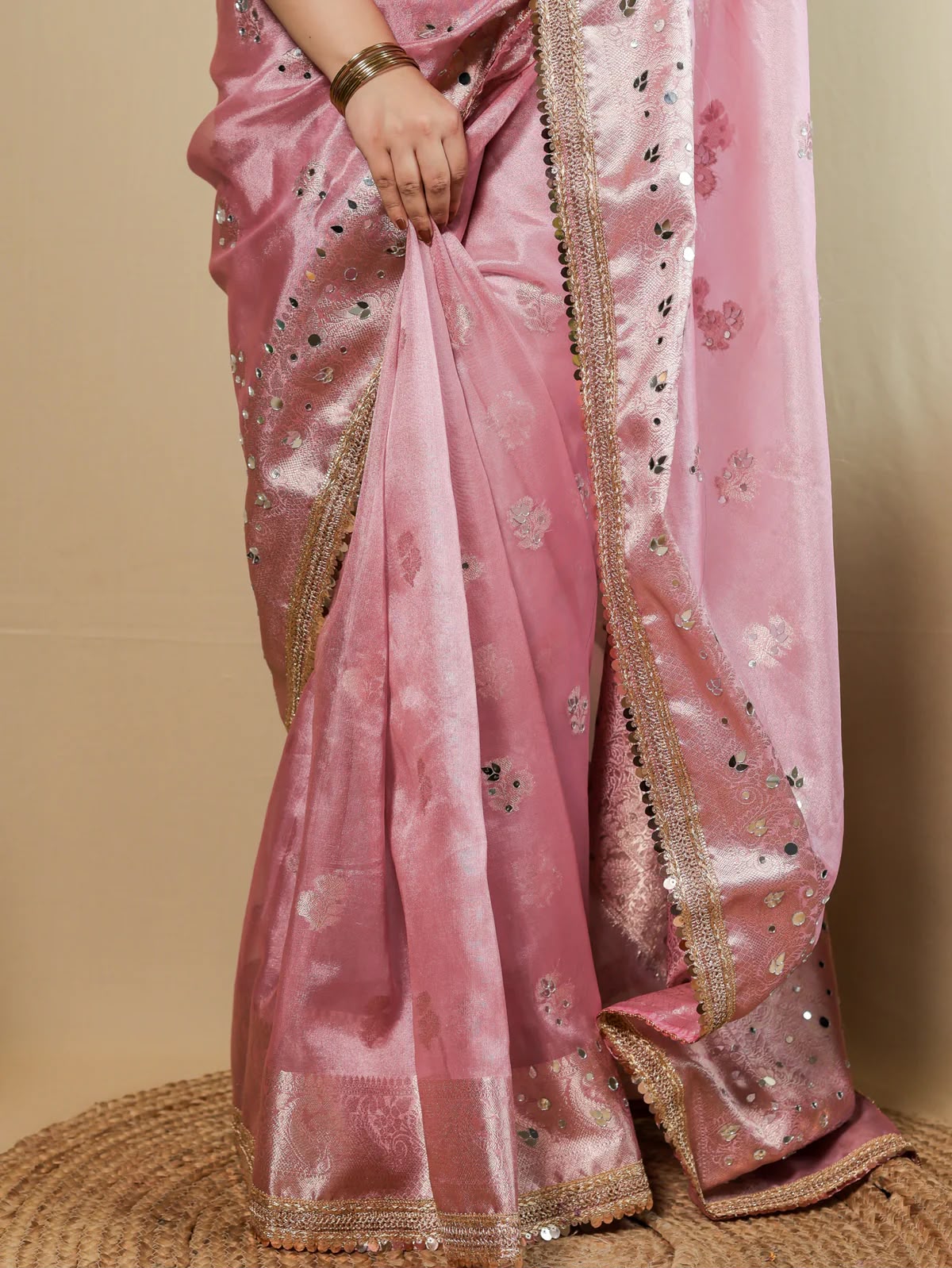 Beautiful Banarasi Soft Tissue Silk Boota Woven Saree With Mirror Work Lace & Designer Pallu