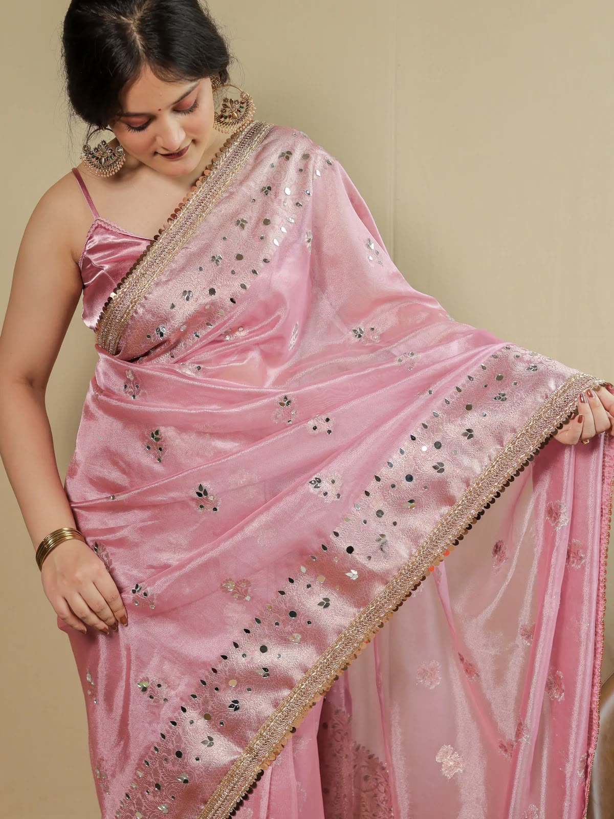 Beautiful Banarasi Soft Tissue Silk Boota Woven Saree With Mirror Work Lace & Designer Pallu