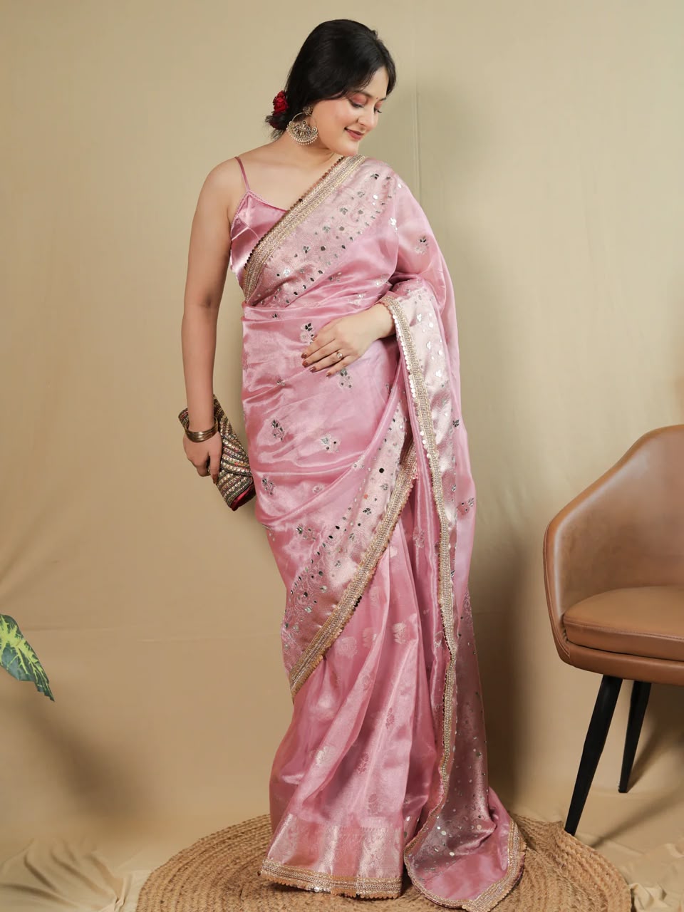 Beautiful Banarasi Soft Tissue Silk Boota Woven Saree With Mirror Work Lace & Designer Pallu