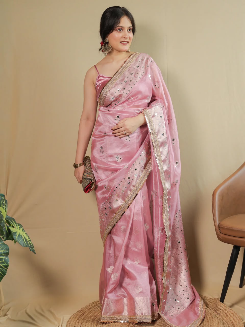 Beautiful Banarasi Soft Tissue Silk Boota Woven Saree With Mirror Work Lace & Designer Pallu
