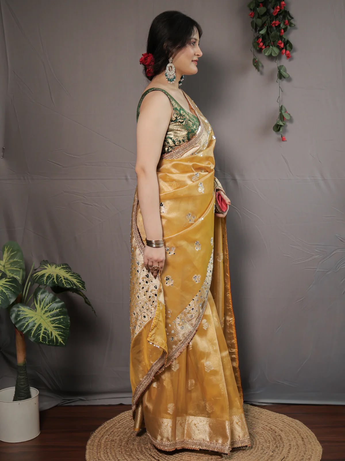 Beautiful Banarasi Soft Tissue Silk Boota Woven Saree With Mirror Work Lace & Designer Pallu