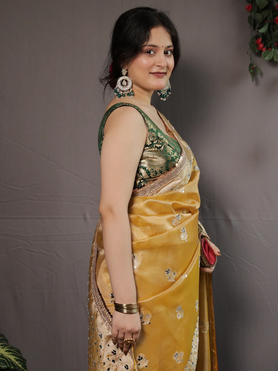 Beautiful Banarasi Soft Tissue Silk Boota Woven Saree With Mirror Work Lace & Designer Pallu