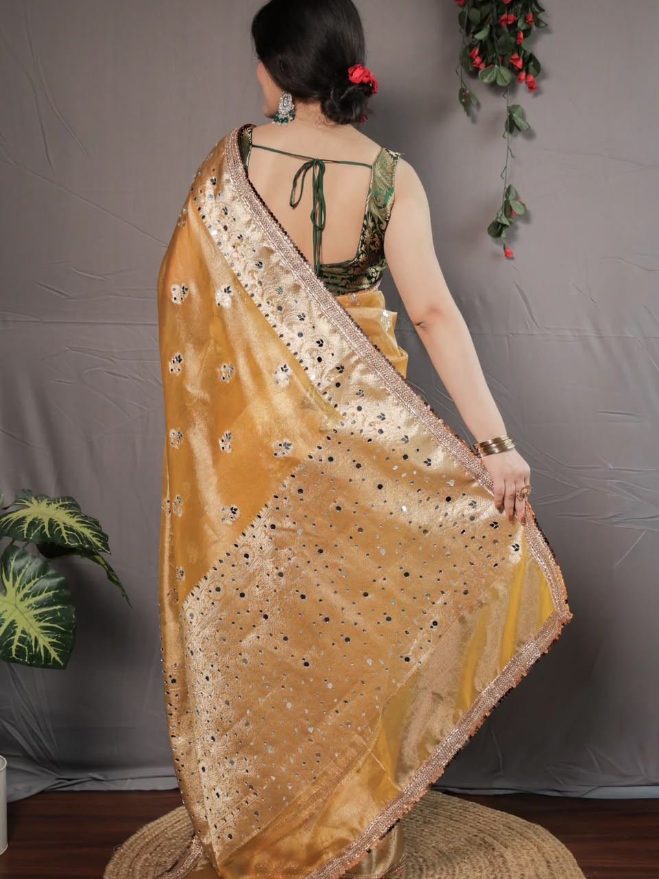 Beautiful Banarasi Soft Tissue Silk Boota Woven Saree With Mirror Work Lace & Designer Pallu