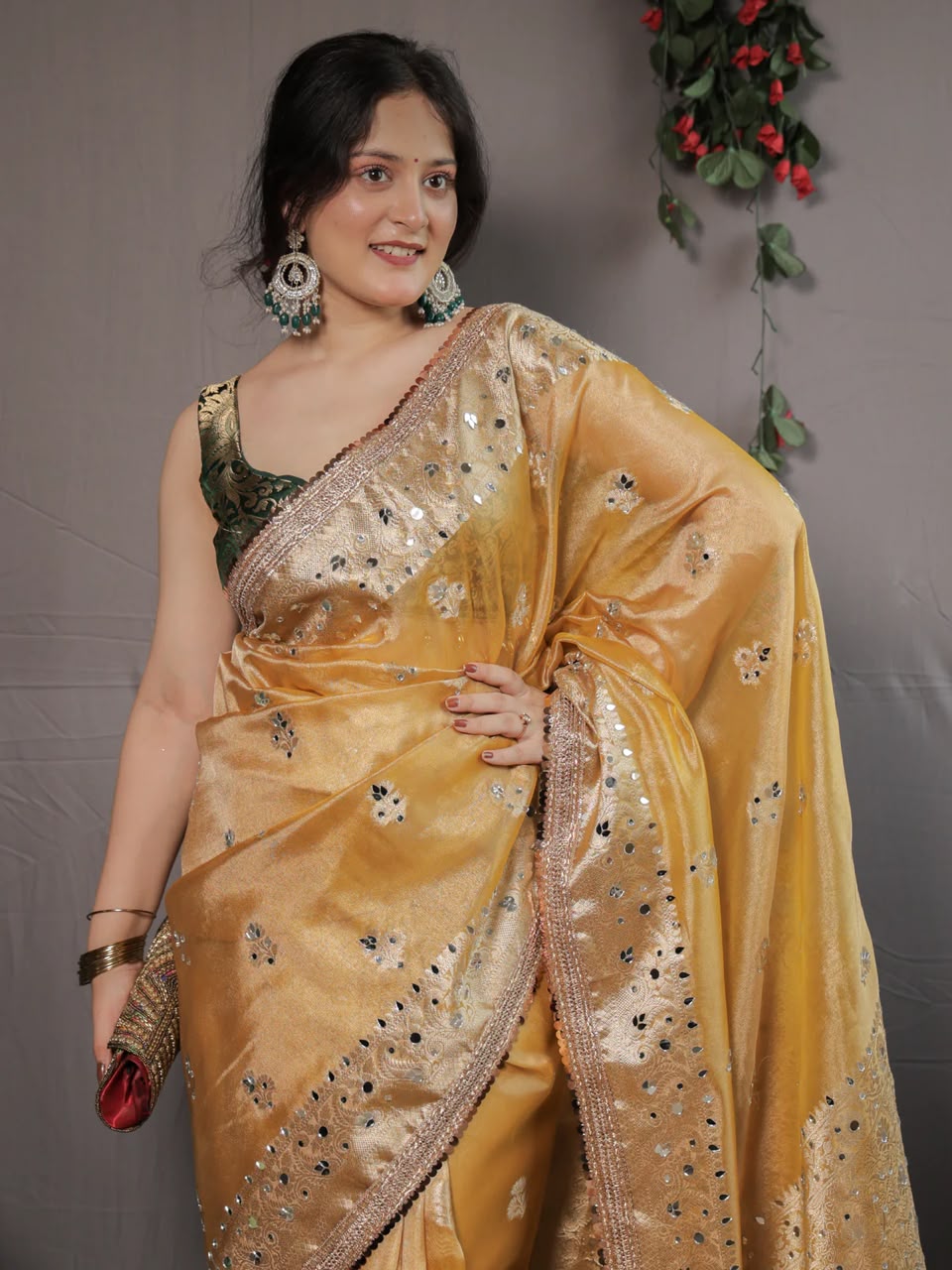 Beautiful Banarasi Soft Tissue Silk Boota Woven Saree With Mirror Work Lace & Designer Pallu
