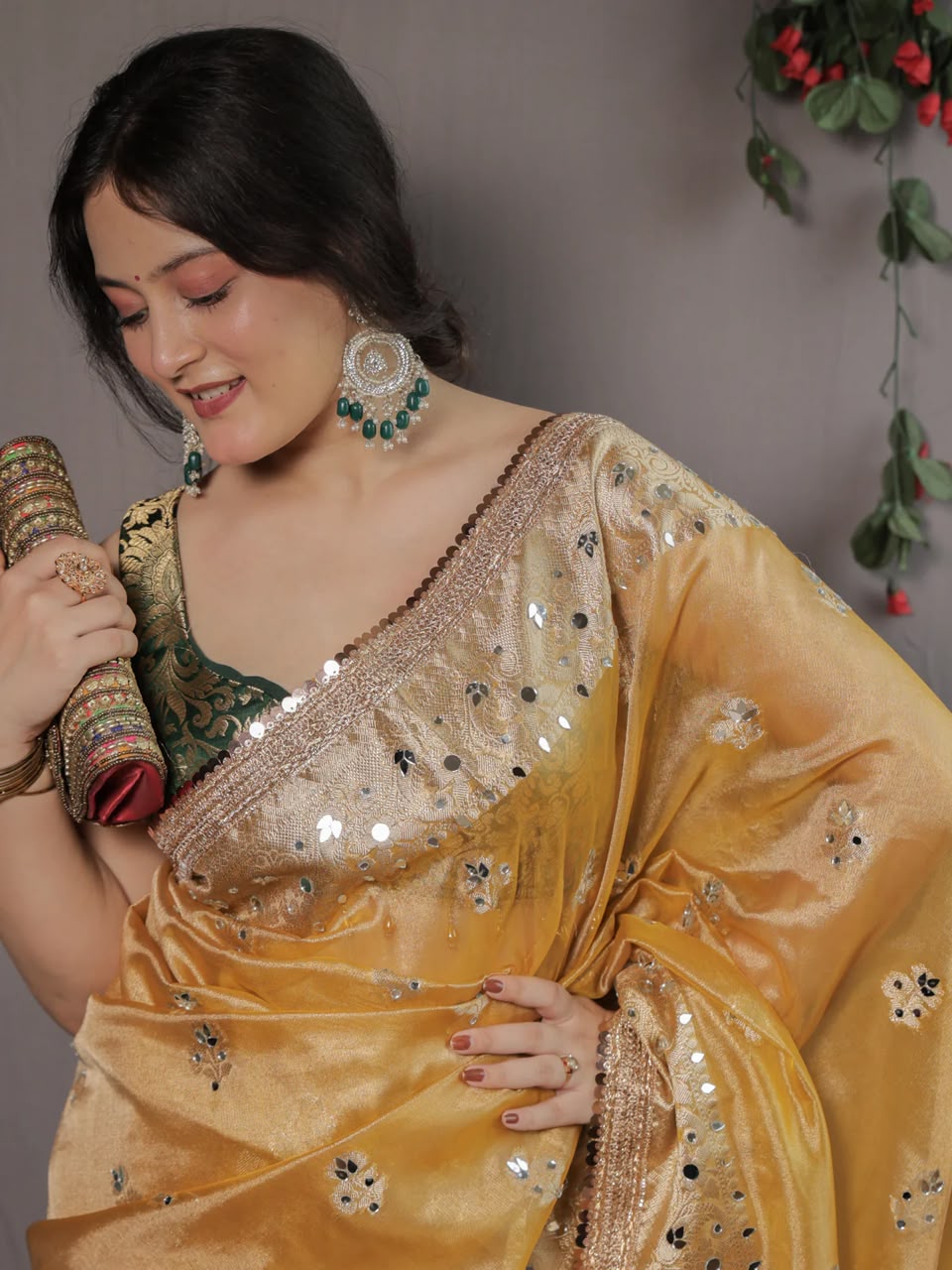 Beautiful Banarasi Soft Tissue Silk Boota Woven Saree With Mirror Work Lace & Designer Pallu