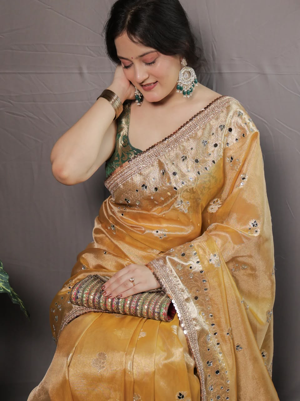 Beautiful Banarasi Soft Tissue Silk Boota Woven Saree With Mirror Work Lace & Designer Pallu