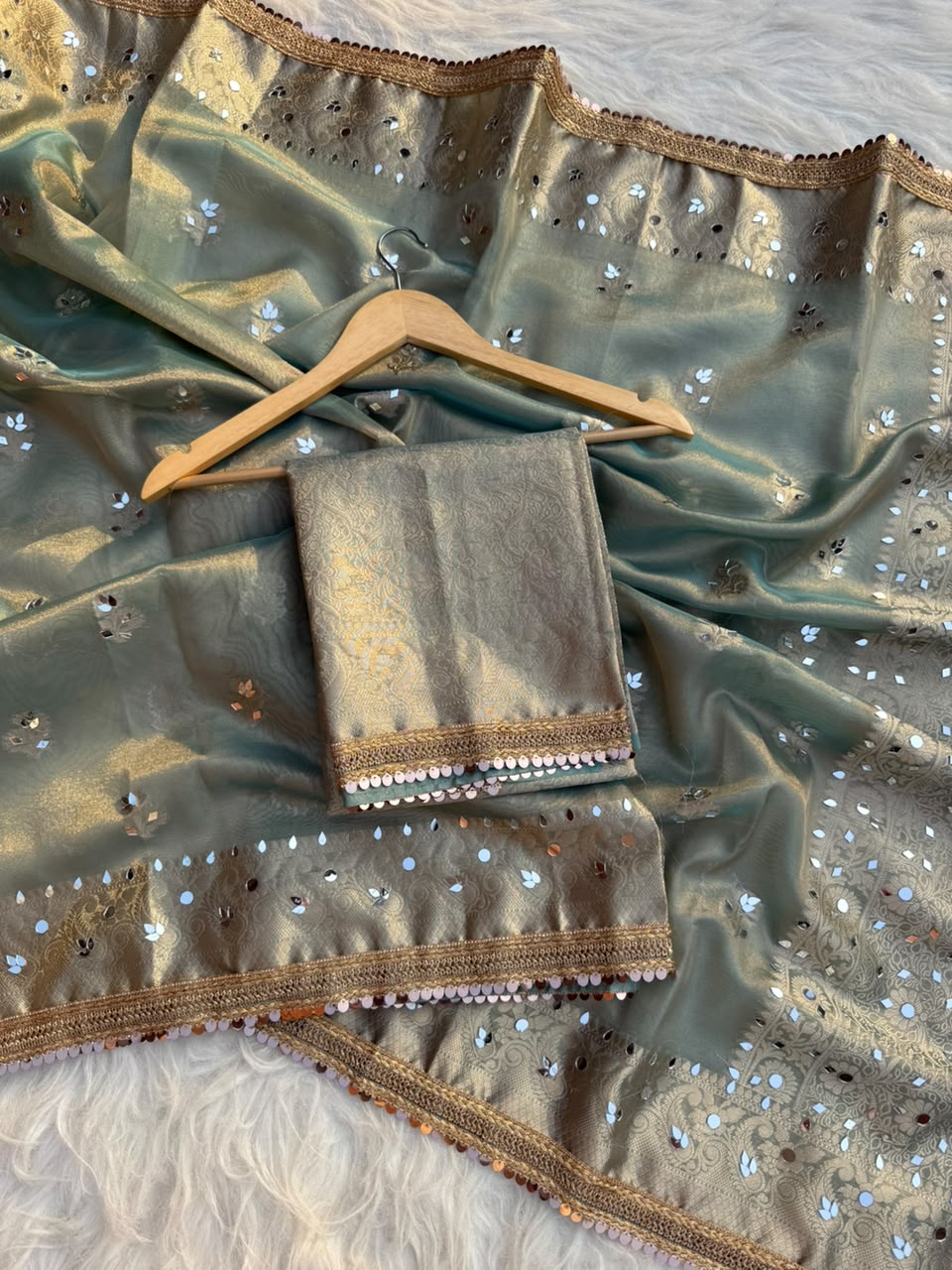 Beautiful Banarasi Soft Tissue Silk Boota Woven Saree With Mirror Work Lace & Designer Pallu