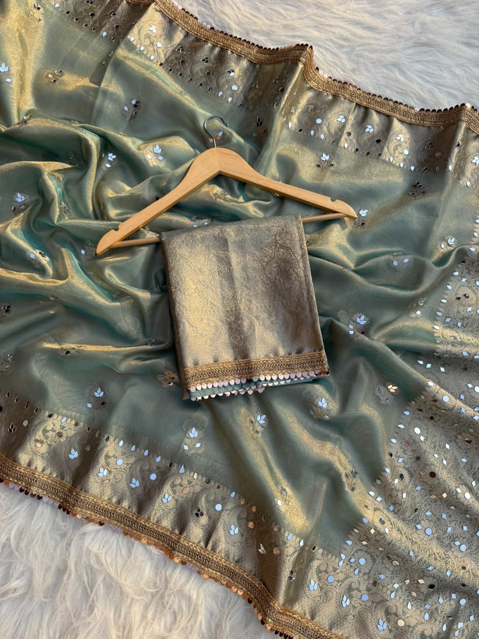 Beautiful Banarasi Soft Tissue Silk Boota Woven Saree With Mirror Work Lace & Designer Pallu