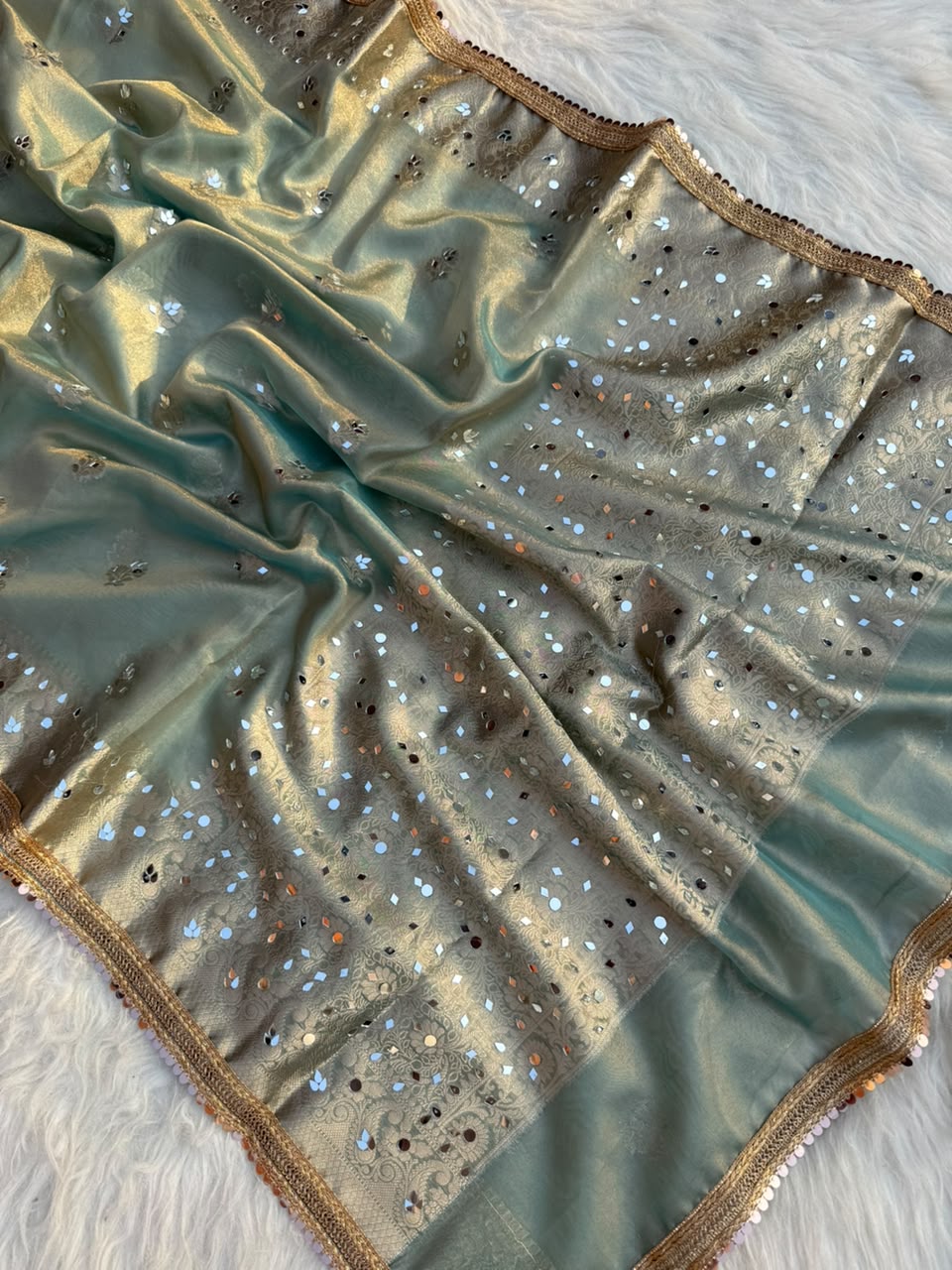 Beautiful Banarasi Soft Tissue Silk Boota Woven Saree With Mirror Work Lace & Designer Pallu