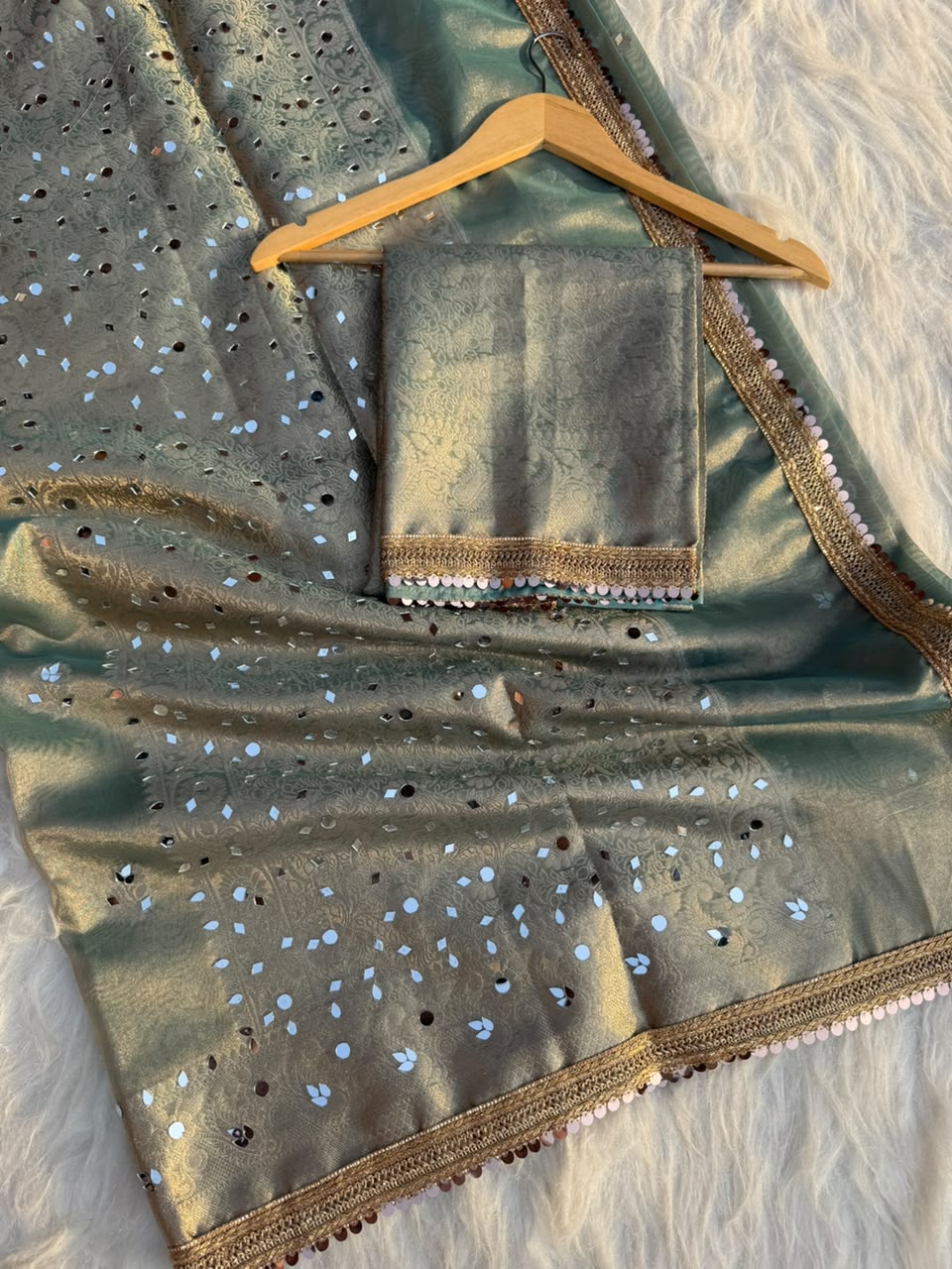 Beautiful Banarasi Soft Tissue Silk Boota Woven Saree With Mirror Work Lace & Designer Pallu