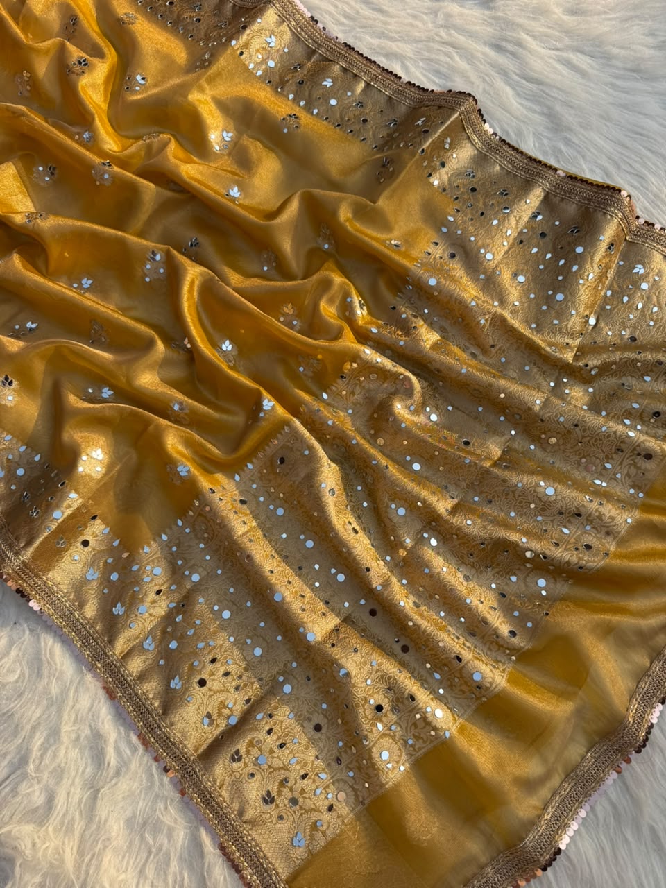Beautiful Banarasi Soft Tissue Silk Boota Woven Saree With Mirror Work Lace & Designer Pallu