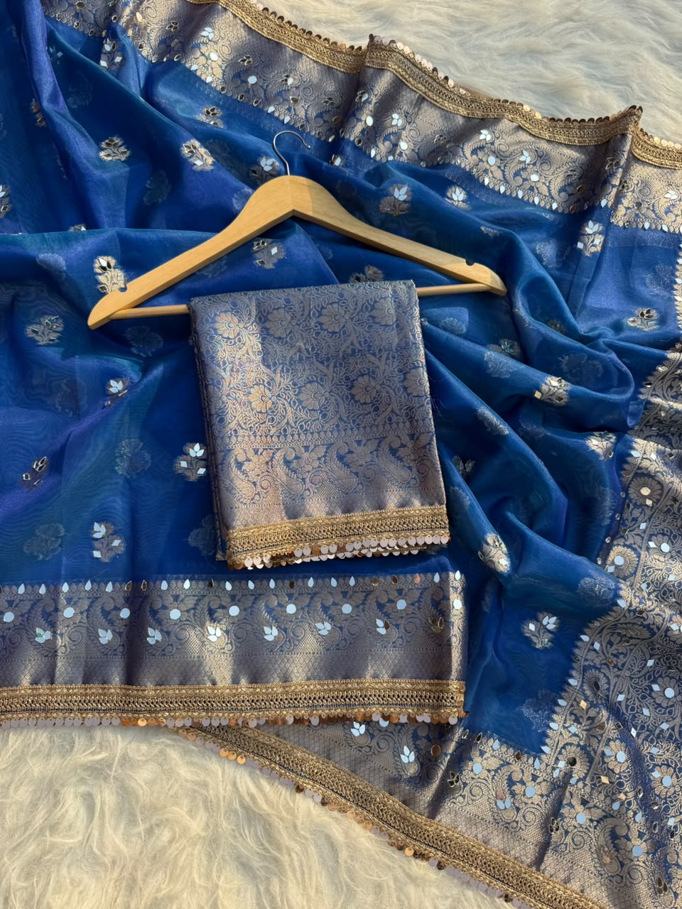 Beautiful Banarasi Soft Tissue Silk Boota Woven Saree With Mirror Work Lace & Designer Pallu