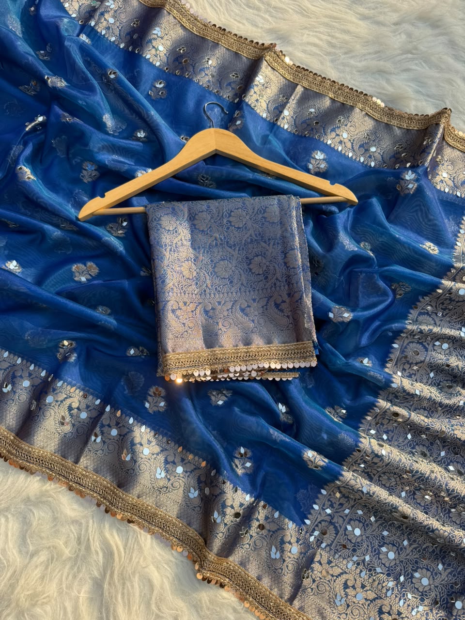 Beautiful Banarasi Soft Tissue Silk Boota Woven Saree With Mirror Work Lace & Designer Pallu