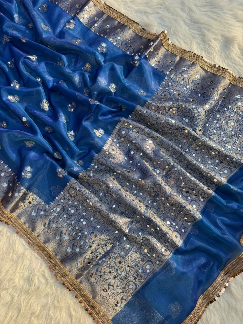 Beautiful Banarasi Soft Tissue Silk Boota Woven Saree With Mirror Work Lace & Designer Pallu
