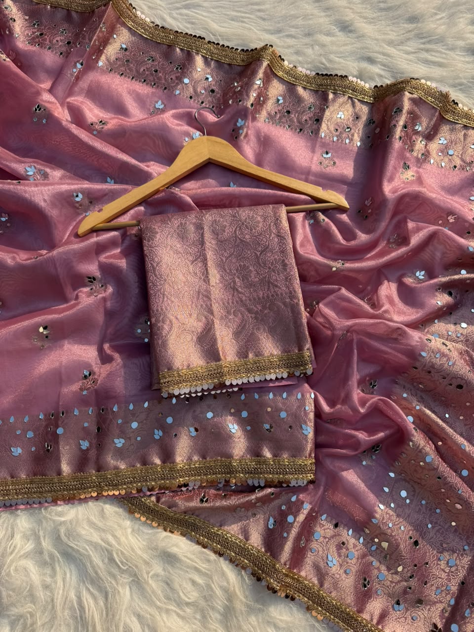 Beautiful Banarasi Soft Tissue Silk Boota Woven Saree With Mirror Work Lace & Designer Pallu