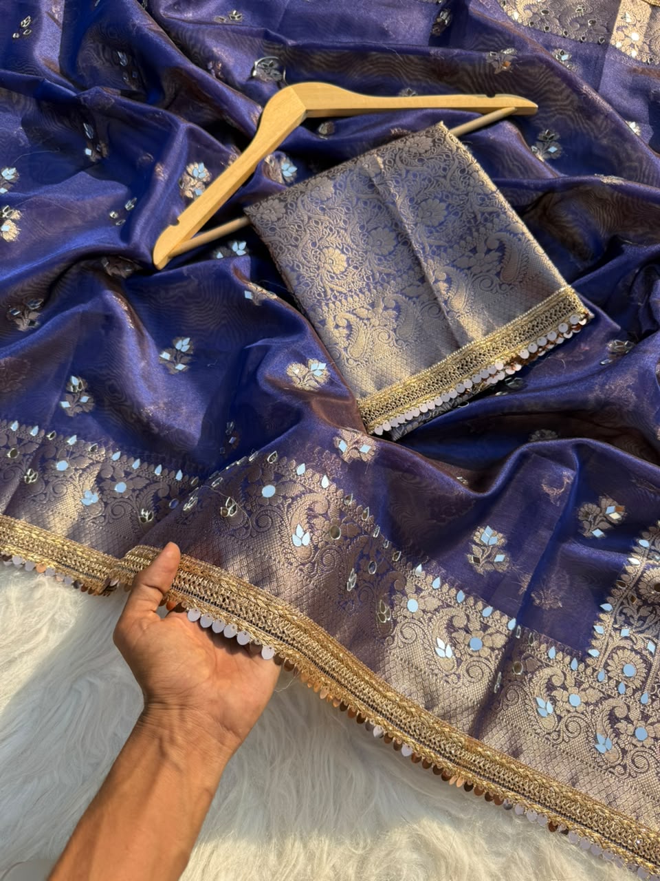 Beautiful Banarasi Soft Tissue Silk Boota Woven Saree With Mirror Work Lace & Designer Pallu