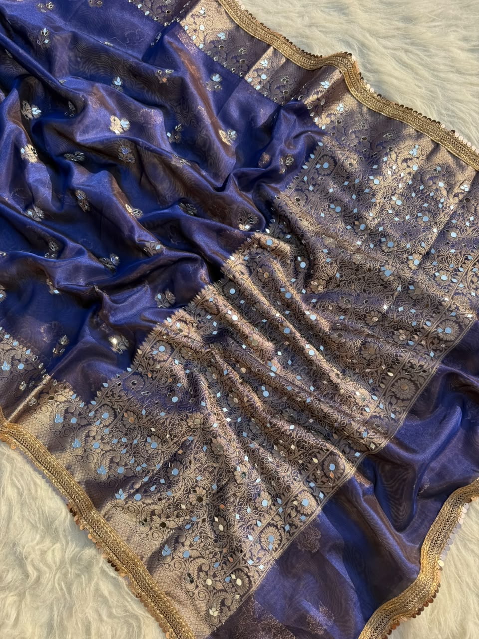 Beautiful Banarasi Soft Tissue Silk Boota Woven Saree With Mirror Work Lace & Designer Pallu