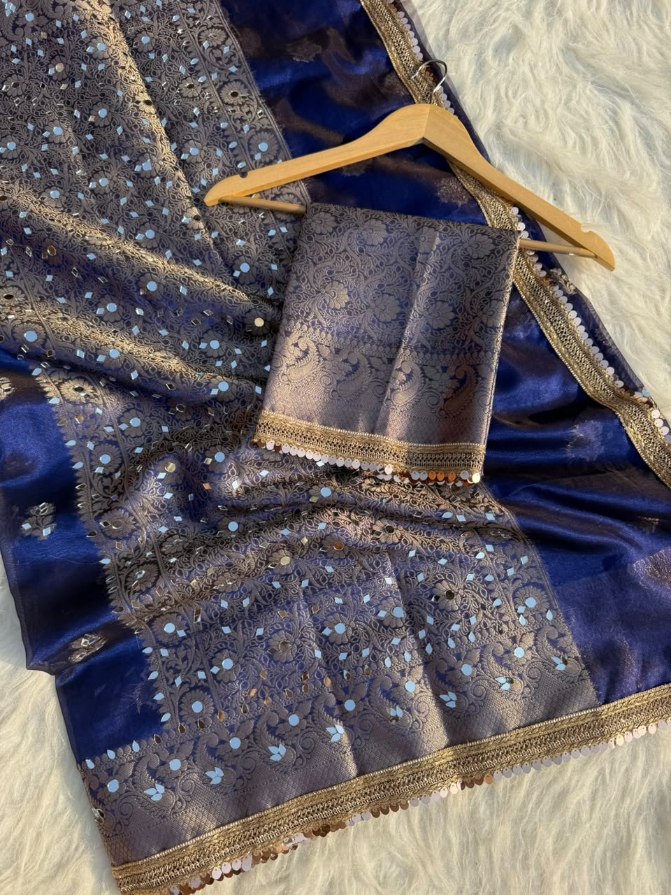 Beautiful Banarasi Soft Tissue Silk Boota Woven Saree With Mirror Work Lace & Designer Pallu
