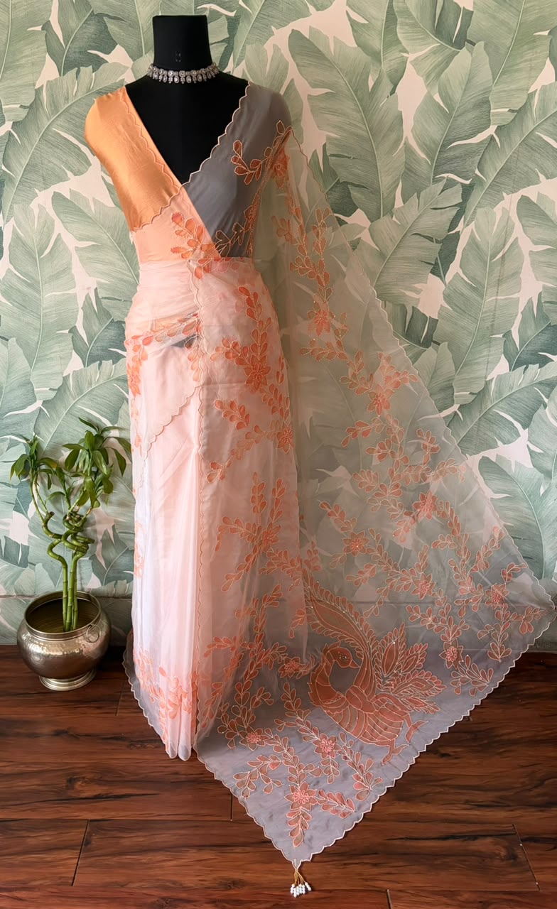 Peach Love Premium Organza Silk Saree with Hand Brush Painting & Sequins Kantha Handwork