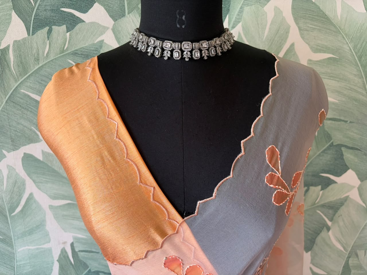 Peach Love Premium Organza Silk Saree with Hand Brush Painting & Sequins Kantha Handwork