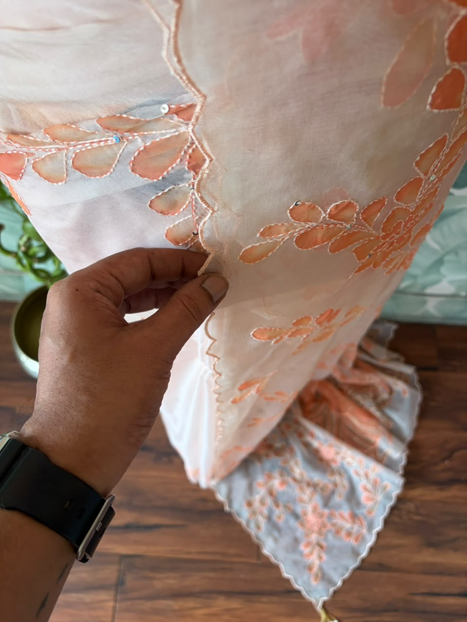 Peach Love Premium Organza Silk Saree with Hand Brush Painting & Sequins Kantha Handwork