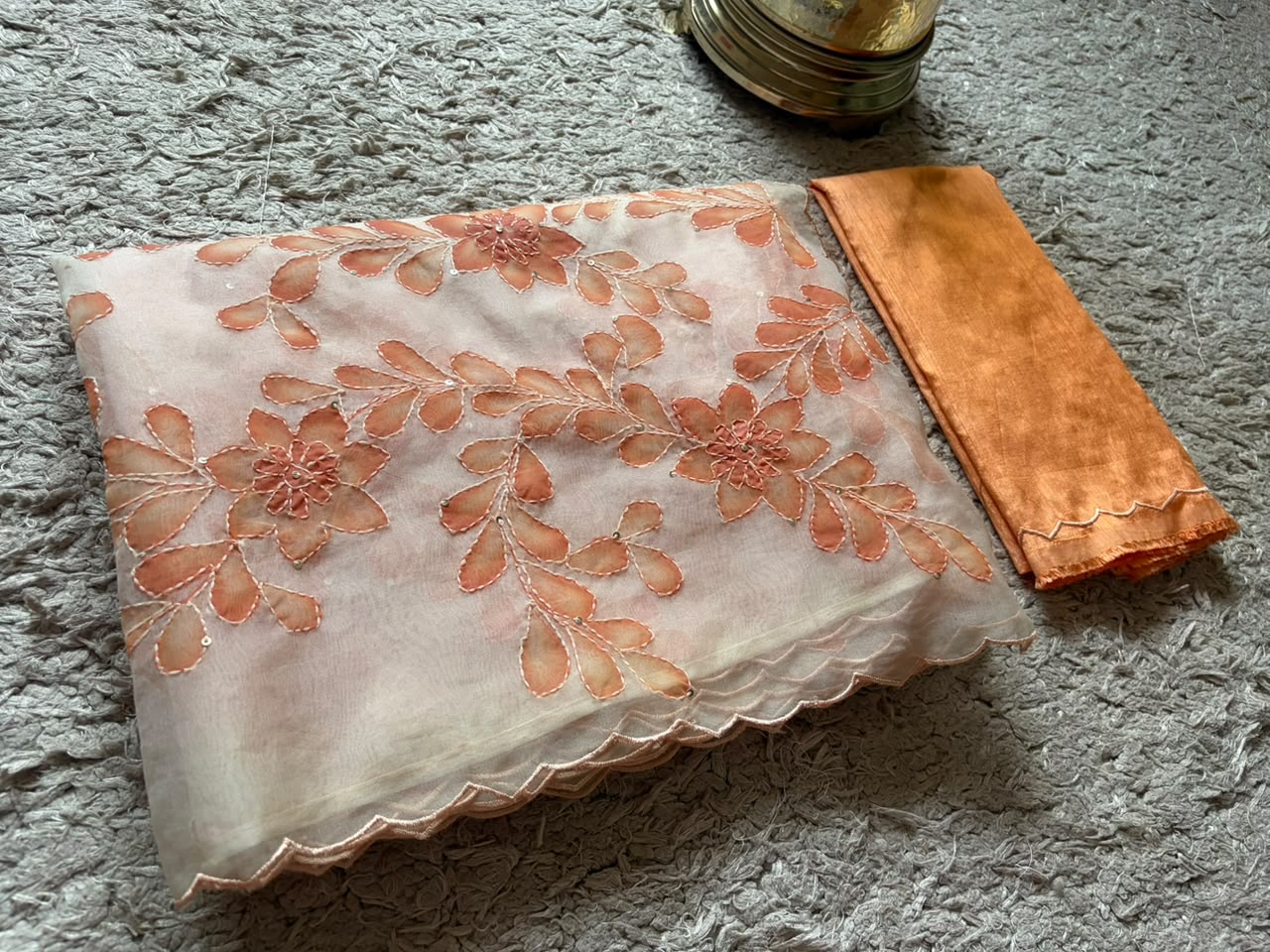 Peach Love Premium Organza Silk Saree with Hand Brush Painting & Sequins Kantha Handwork
