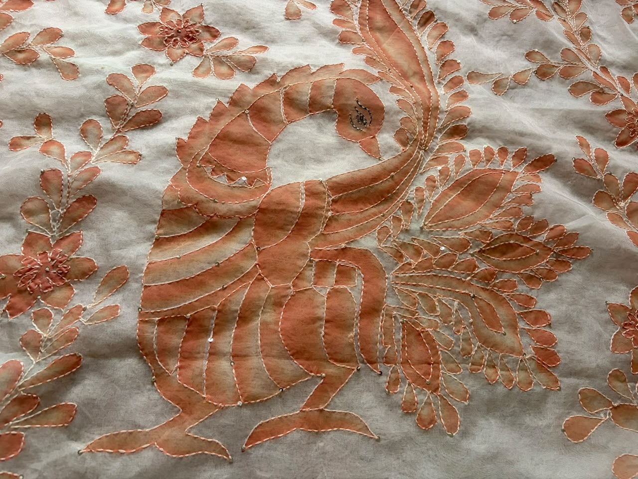 Peach Love Premium Organza Silk Saree with Hand Brush Painting & Sequins Kantha Handwork