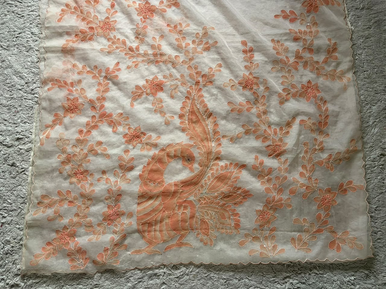 Peach Love Premium Organza Silk Saree with Hand Brush Painting & Sequins Kantha Handwork