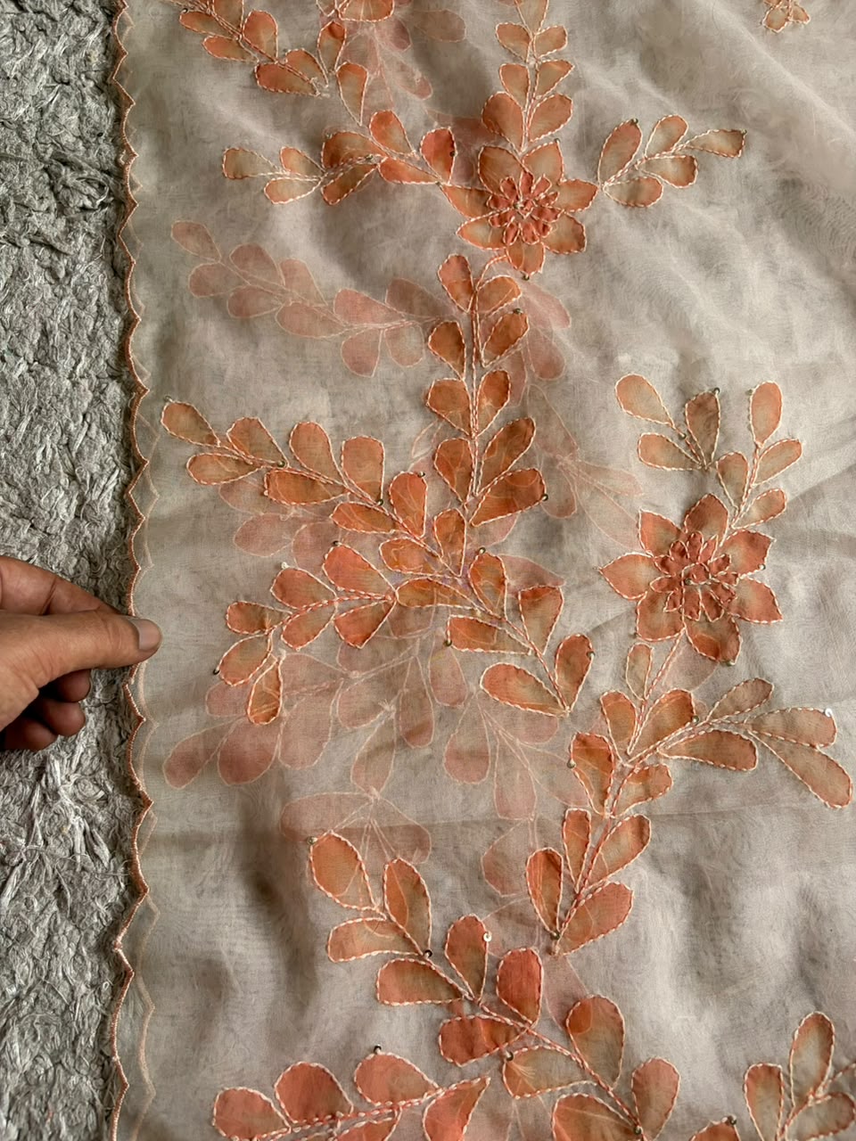 Peach Love Premium Organza Silk Saree with Hand Brush Painting & Sequins Kantha Handwork