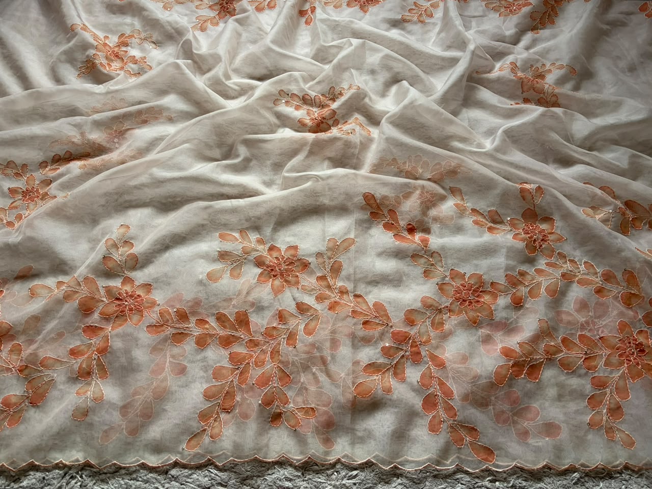 Peach Love Premium Organza Silk Saree with Hand Brush Painting & Sequins Kantha Handwork