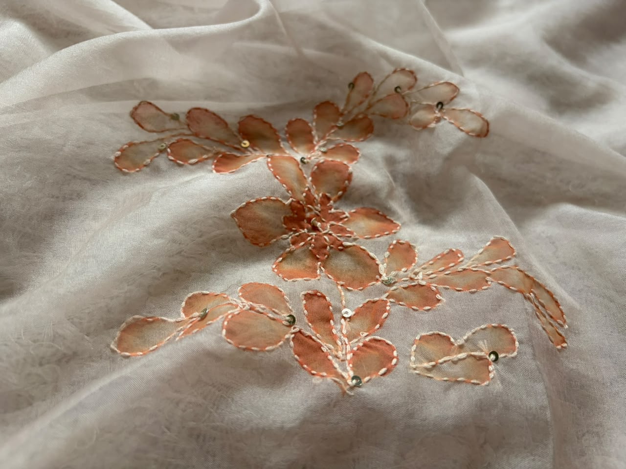 Peach Love Premium Organza Silk Saree with Hand Brush Painting & Sequins Kantha Handwork