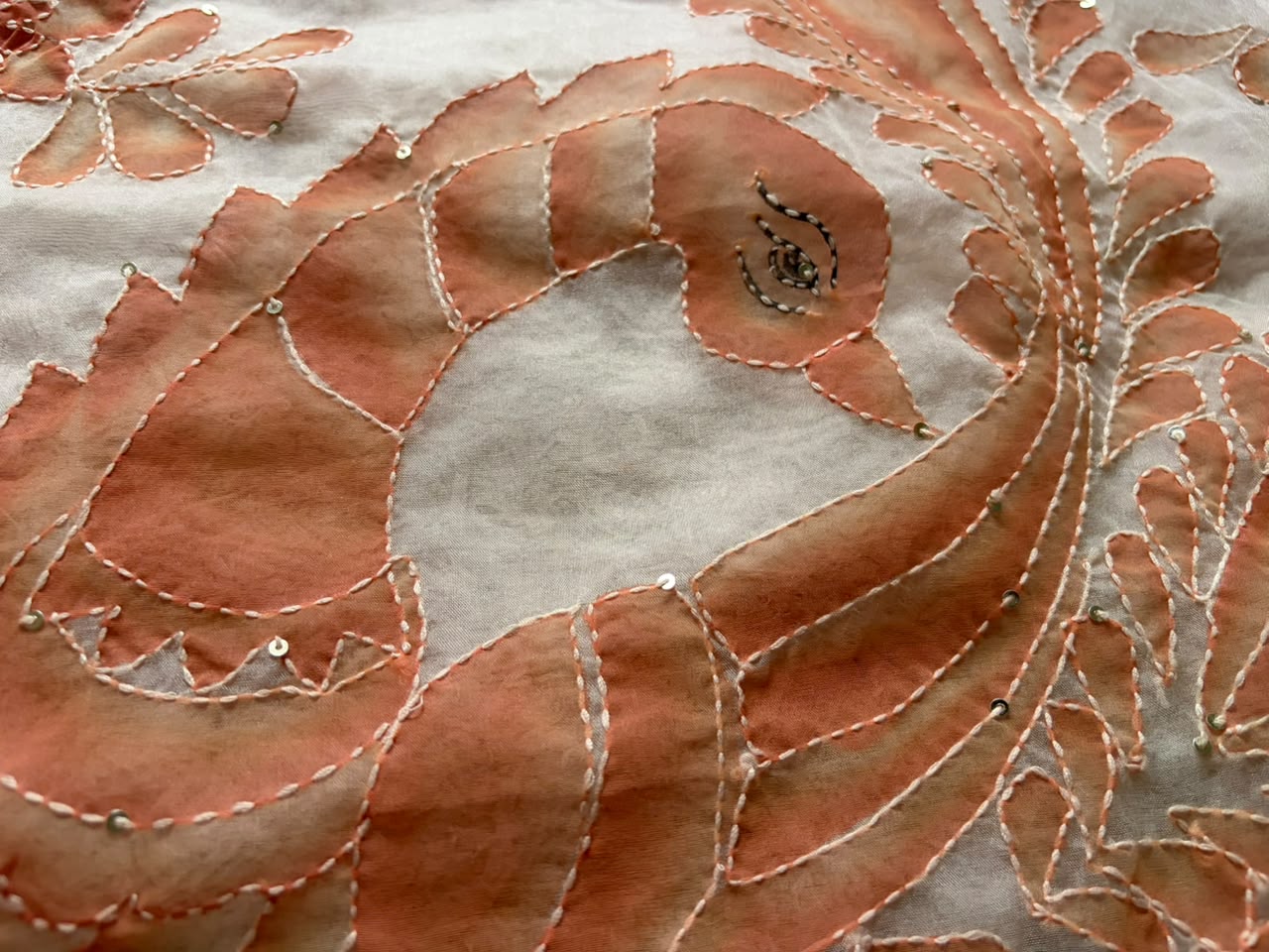 Peach Love Premium Organza Silk Saree with Hand Brush Painting & Sequins Kantha Handwork