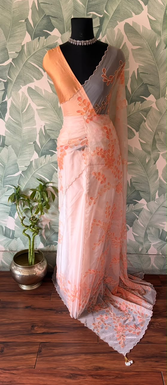 Peach Love Premium Organza Silk Saree with Hand Brush Painting & Sequins Kantha Handwork