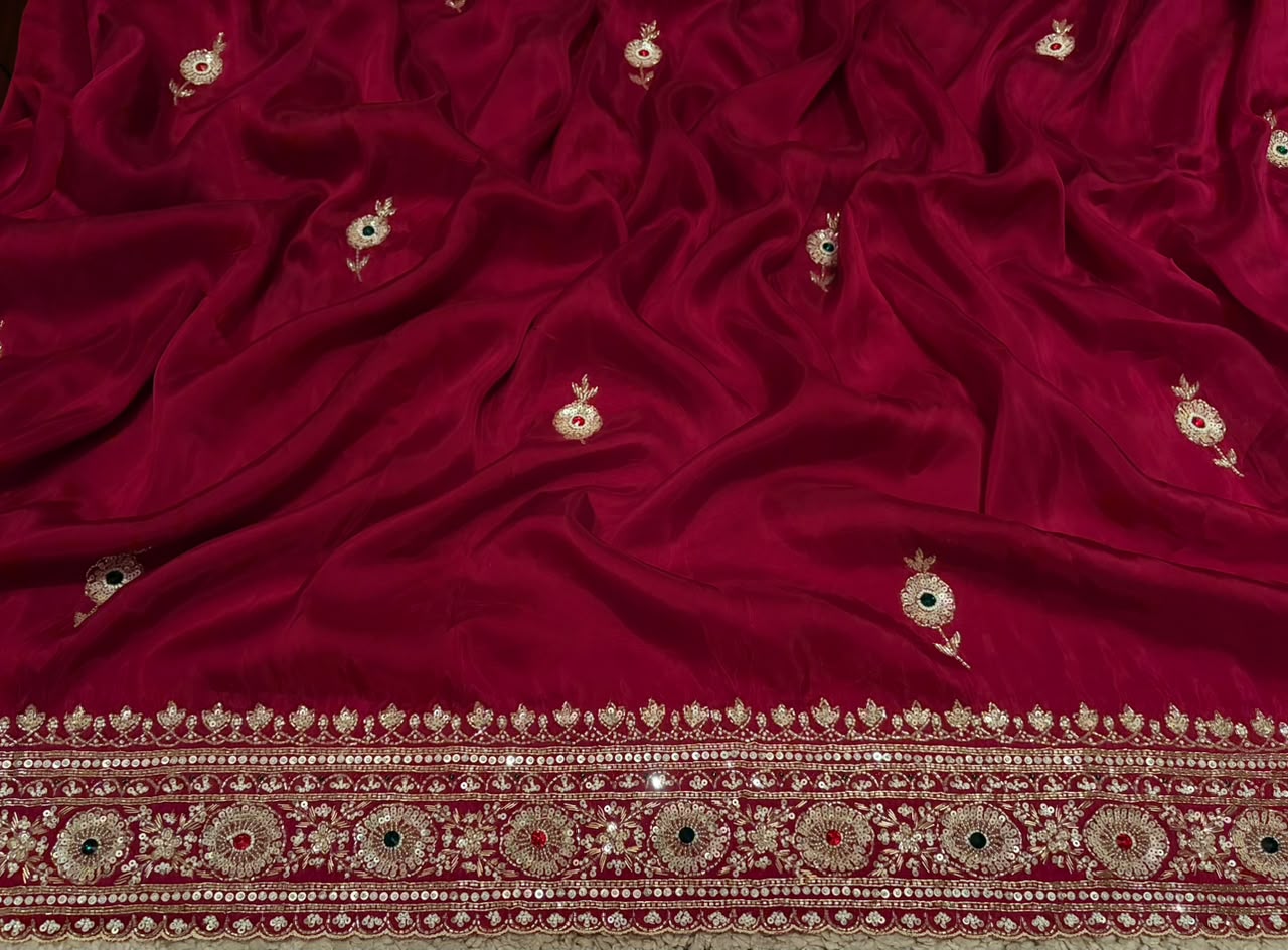 Premium Pure Satin Organza Silk Saree with Intricate Zardozi Handwork & Designer Handwork Blouse