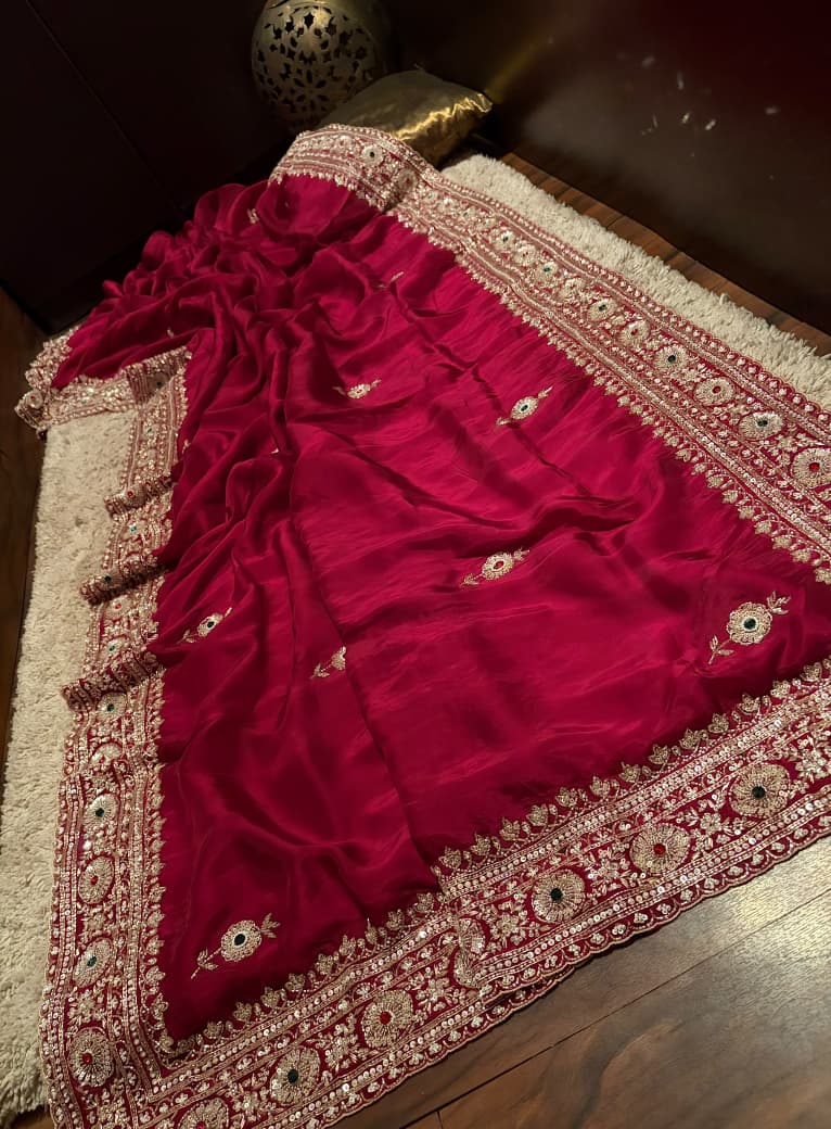 Premium Pure Satin Organza Silk Saree with Intricate Zardozi Handwork & Designer Handwork Blouse