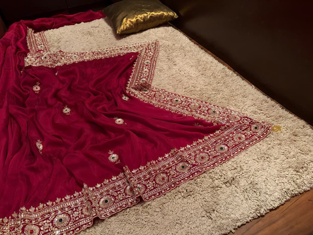 Premium Pure Satin Organza Silk Saree with Intricate Zardozi Handwork & Designer Handwork Blouse
