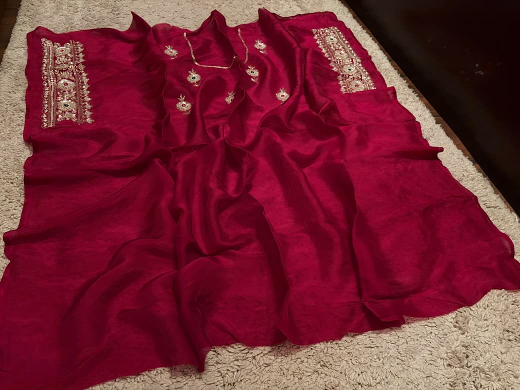 Premium Pure Satin Organza Silk Saree with Intricate Zardozi Handwork & Designer Handwork Blouse