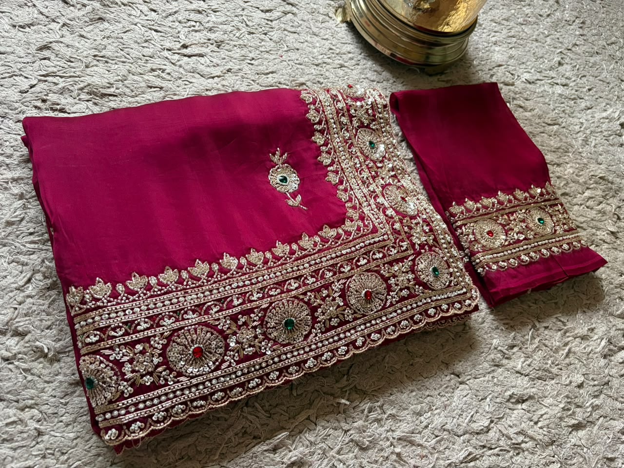 Premium Pure Satin Organza Silk Saree with Intricate Zardozi Handwork & Designer Handwork Blouse