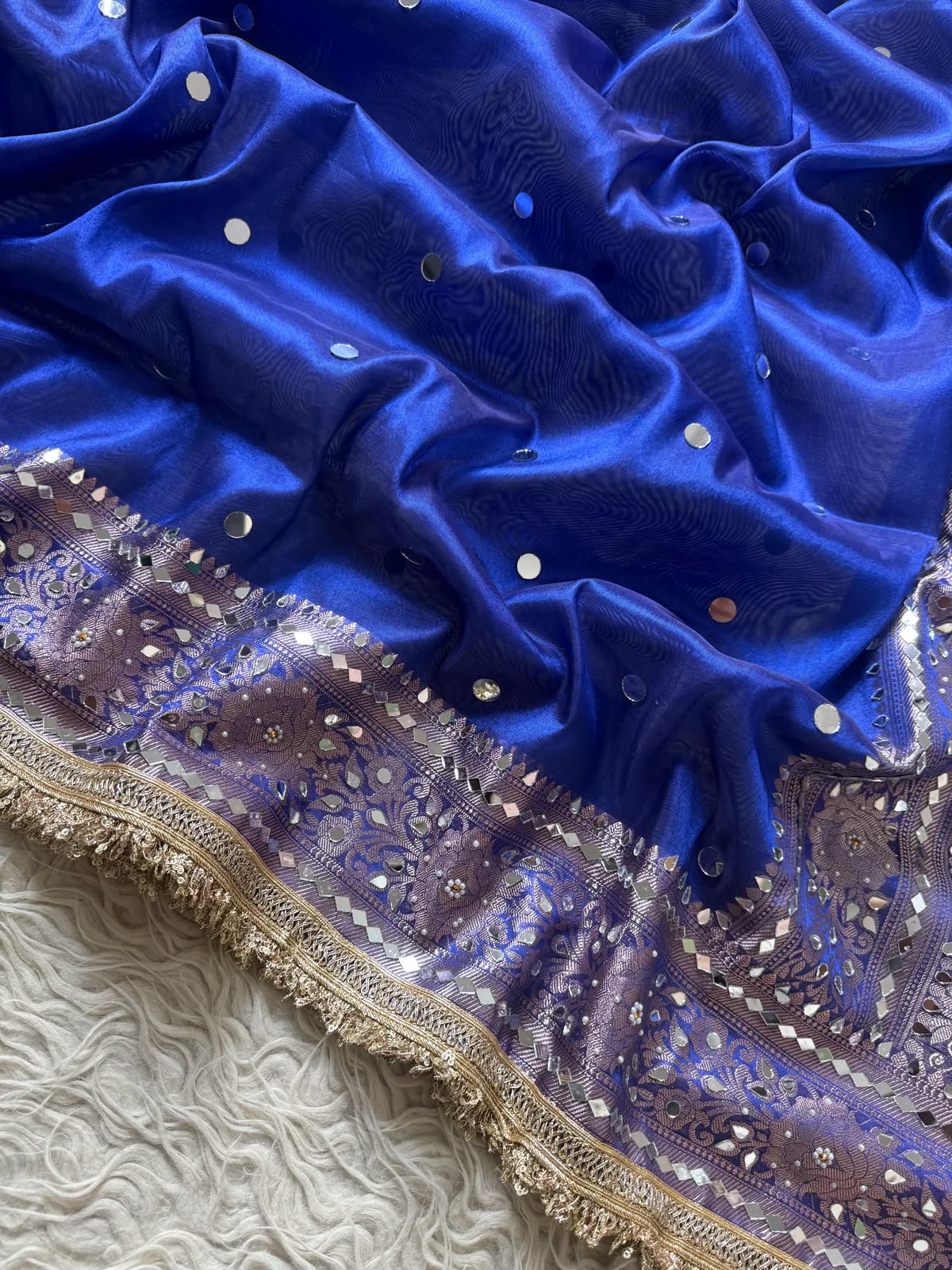 Mirror Work Soft Tissue Silk Banarasi Saree With Lace Attached