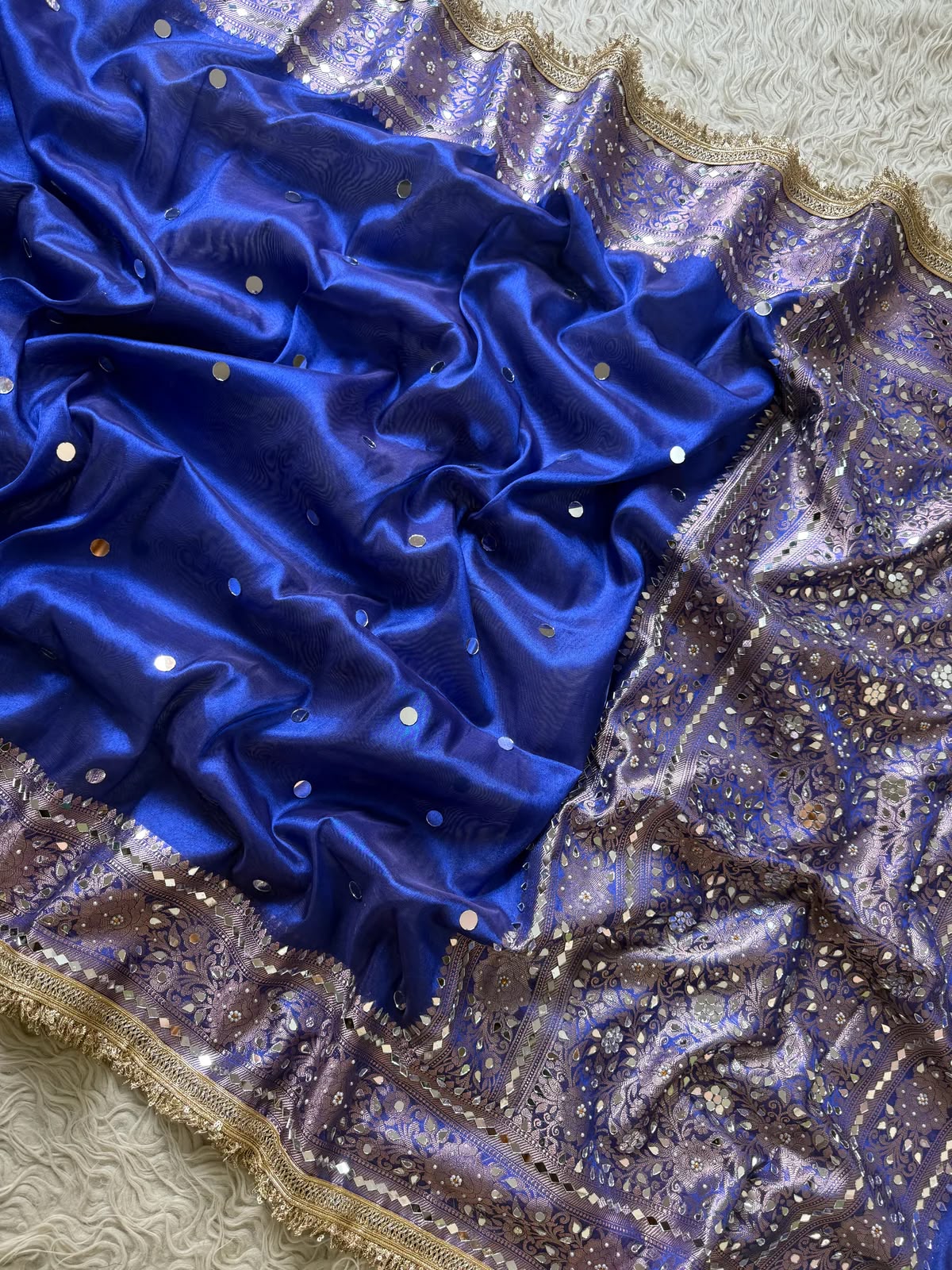Mirror Work Soft Tissue Silk Banarasi Saree With Lace Attached