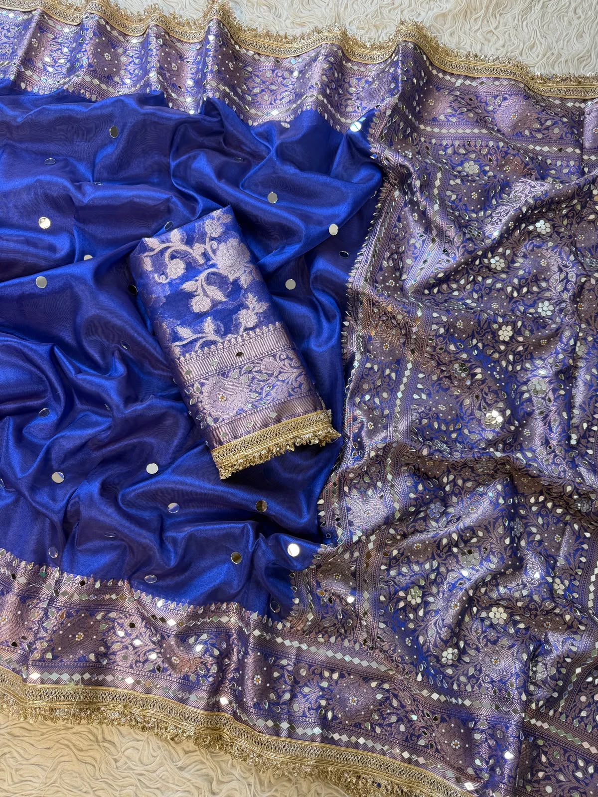 Mirror Work Soft Tissue Silk Banarasi Saree With Lace Attached