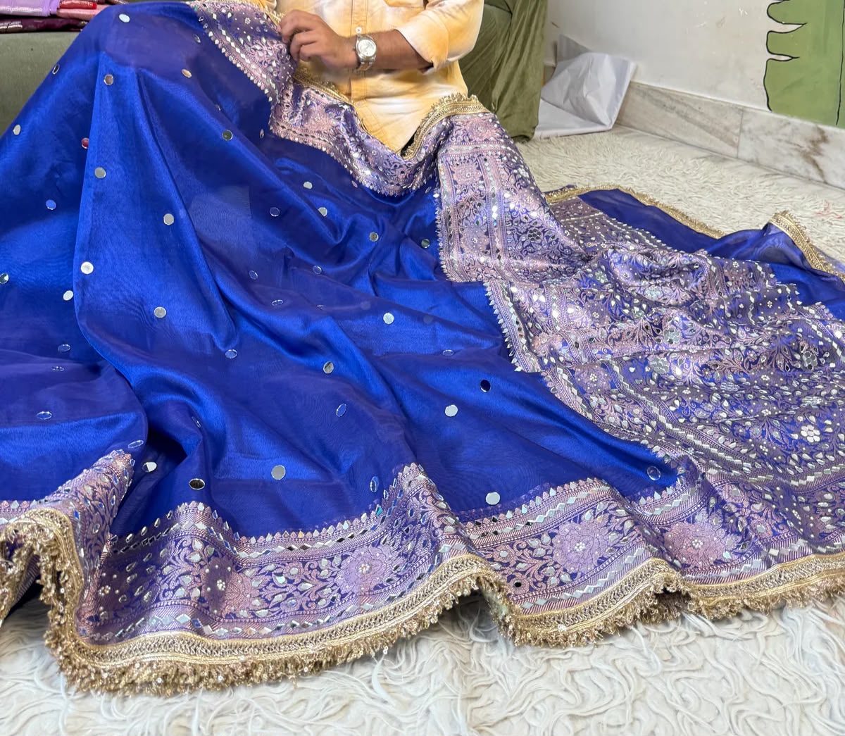 Mirror Work Soft Tissue Silk Banarasi Saree With Lace Attached