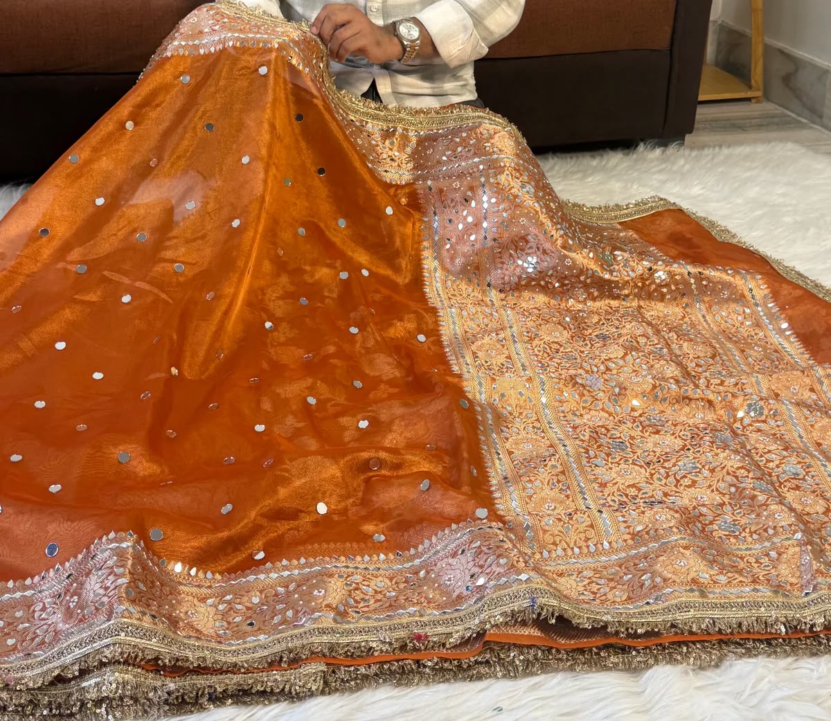 Mirror Work Soft Tissue Silk Banarasi Saree With Lace Attached