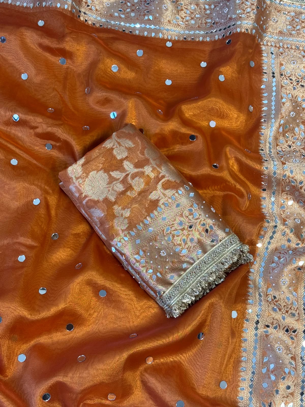 Mirror Work Soft Tissue Silk Banarasi Saree With Lace Attached
