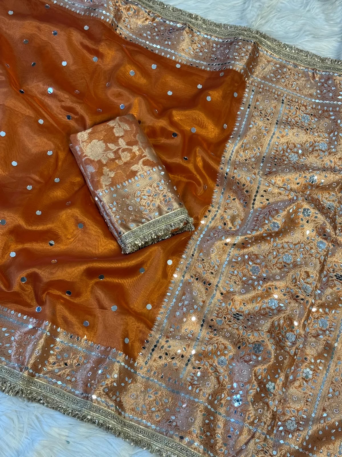 Mirror Work Soft Tissue Silk Banarasi Saree With Lace Attached