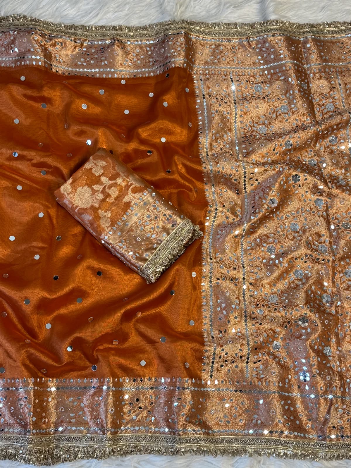 Mirror Work Soft Tissue Silk Banarasi Saree With Lace Attached