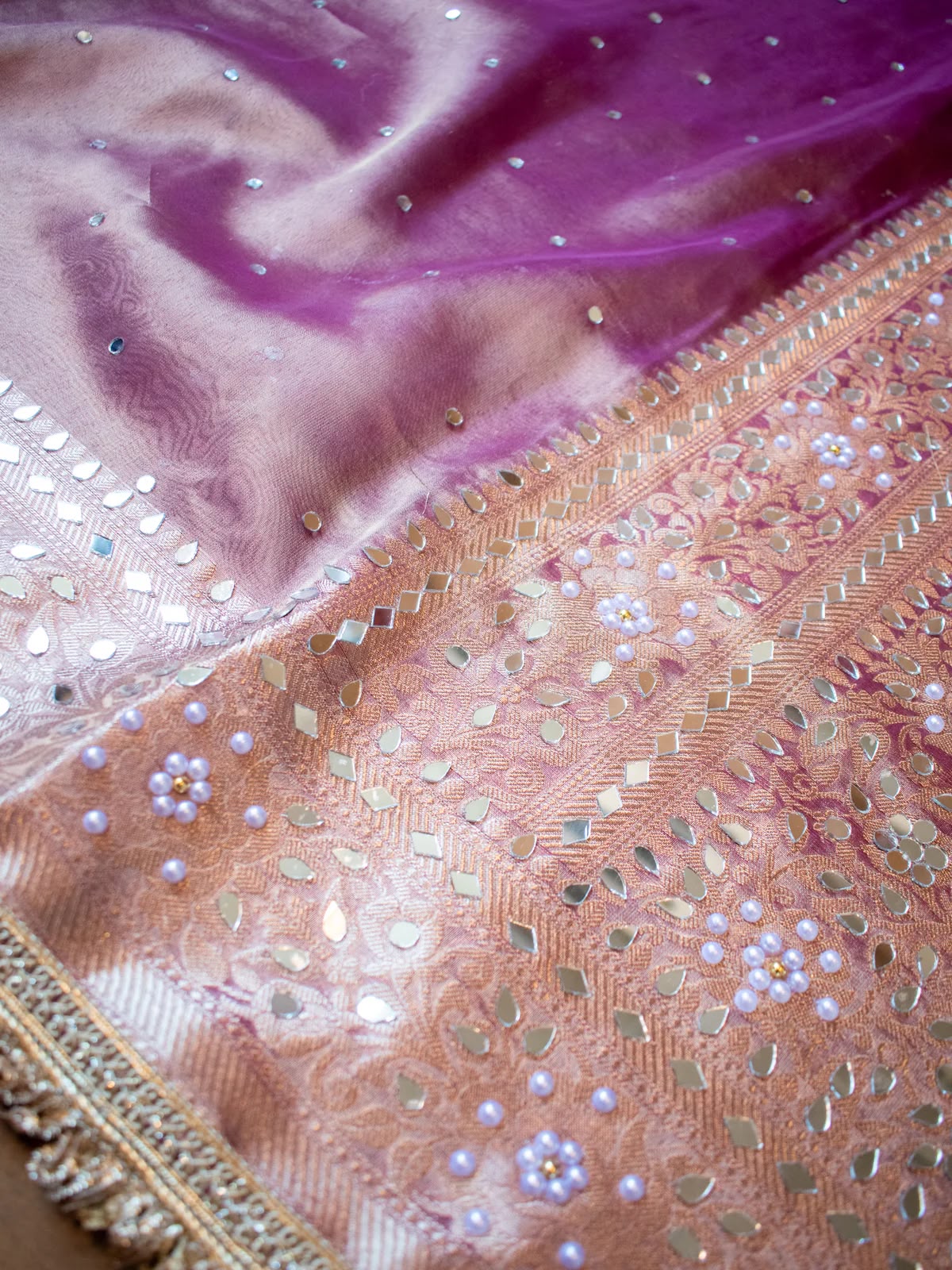 Mirror Work Soft Tissue Silk Banarasi Saree With Lace Attached