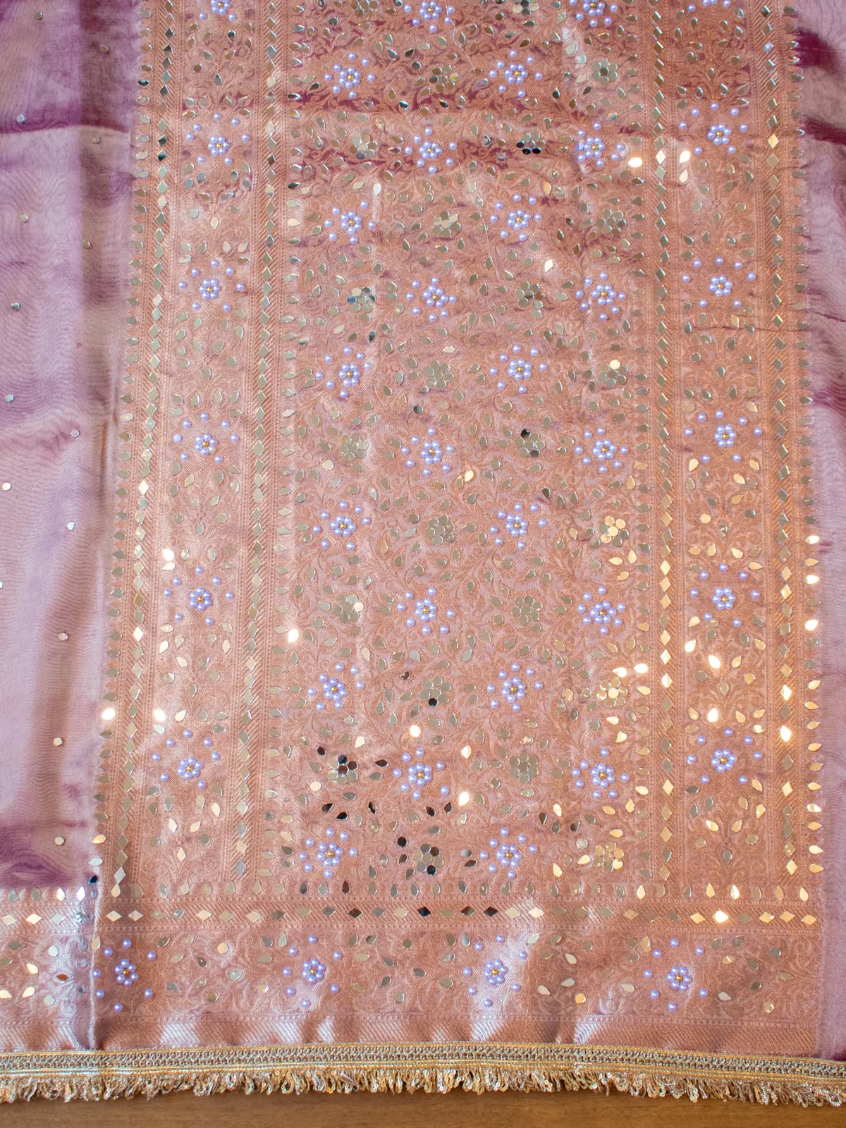 Mirror Work Soft Tissue Silk Banarasi Saree With Lace Attached