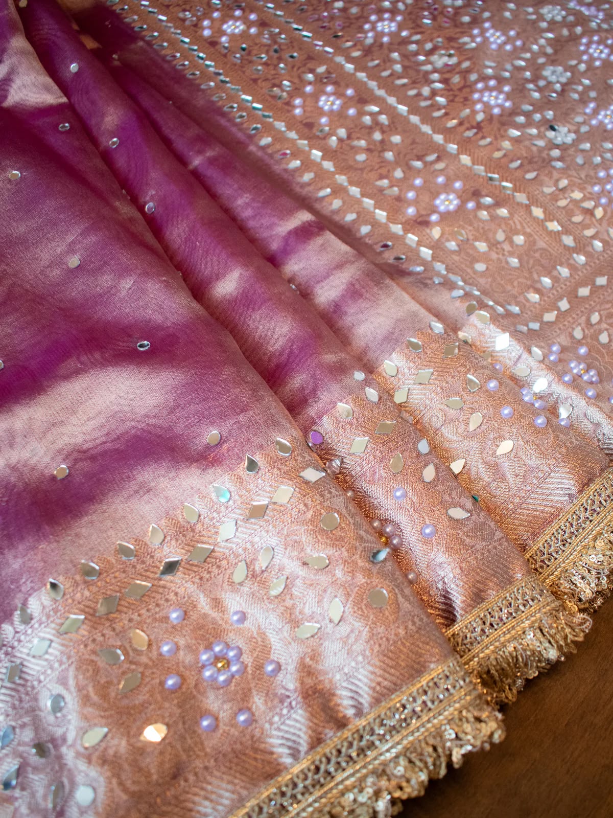 Mirror Work Soft Tissue Silk Banarasi Saree With Lace Attached