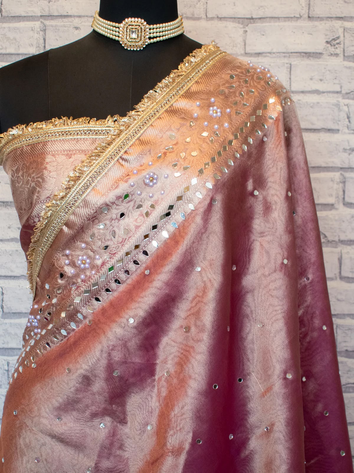 Mirror Work Soft Tissue Silk Banarasi Saree With Lace Attached